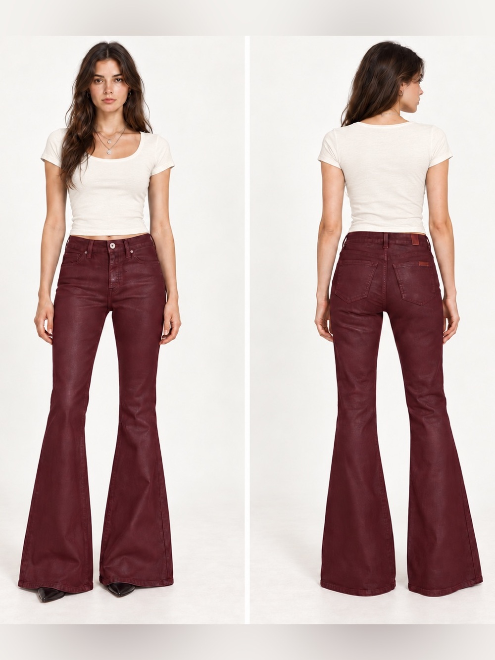 7 For All Mankind Coated Ultra High Rise Flare Jeans Burgundy Size 25